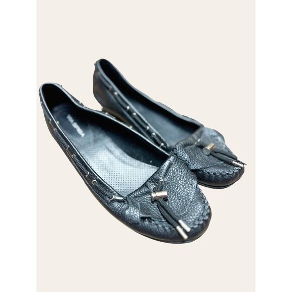 Women’s Via Spiga Black Leather Flat Loafers Size  8.5 - Picture 1 of 6